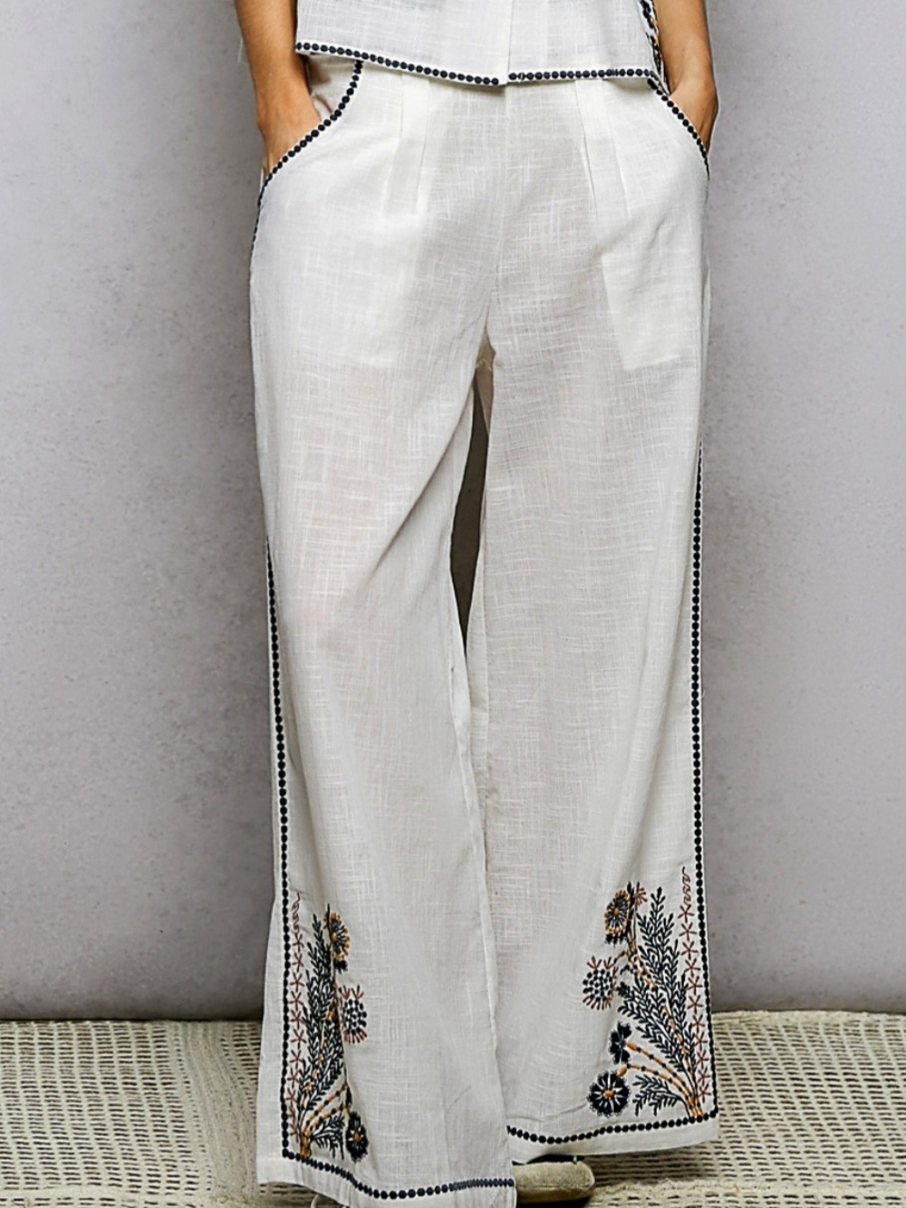 POL Light Blue Wide-Leg Embroidered Flare Pants with Navy Trim